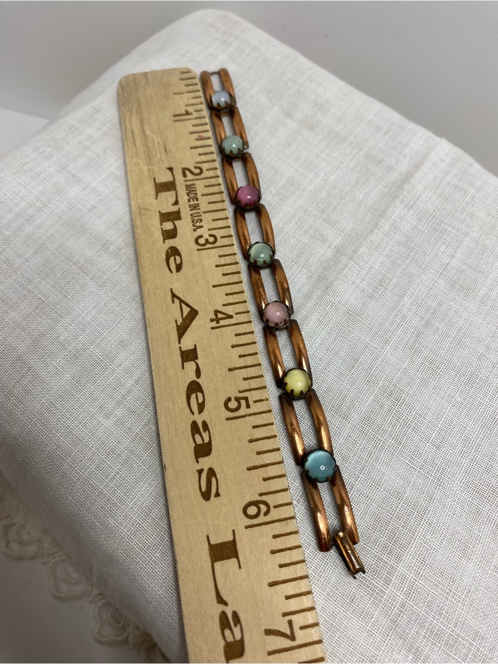 Vintage Copper Tone Moonglow Lucite Cabochon Link Bracelet Pastel MCM - Picture 16 of 16
